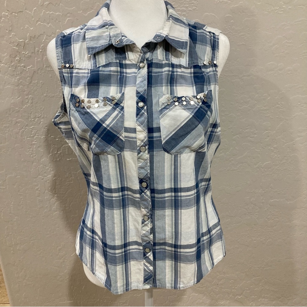 Alaniz Women's Western 100% Cotton Blue Plaid Sleeveless Top Size M